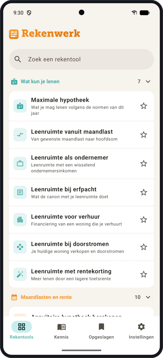 De rekentoolhub, per rubriek ingeklapt met het aantal erbij