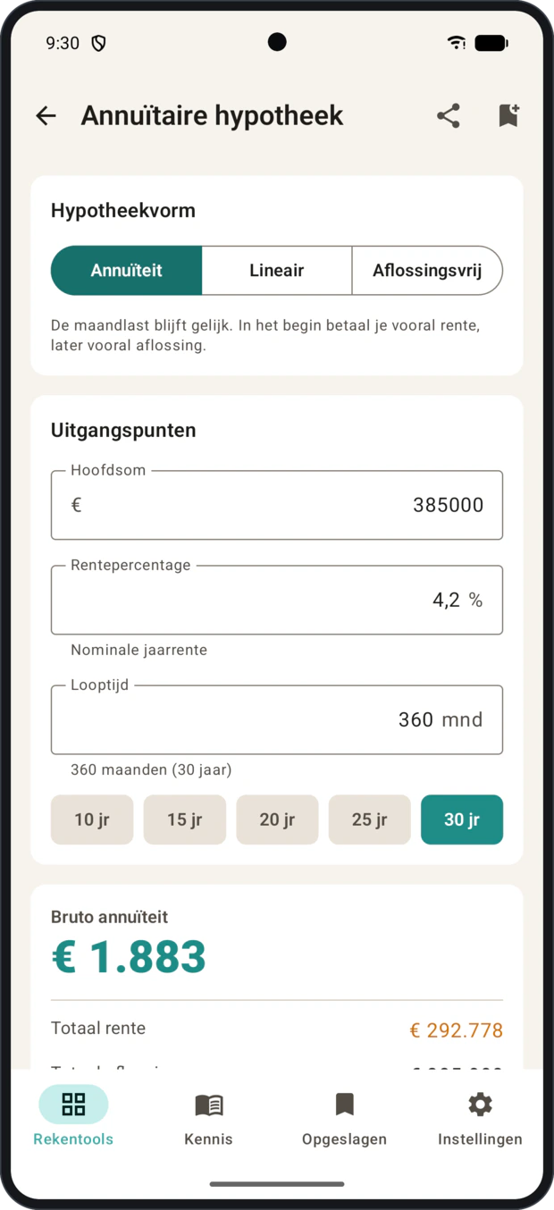 Rekenwerk op een Android-telefoon: de hypotheektool met de bruto annuïteit